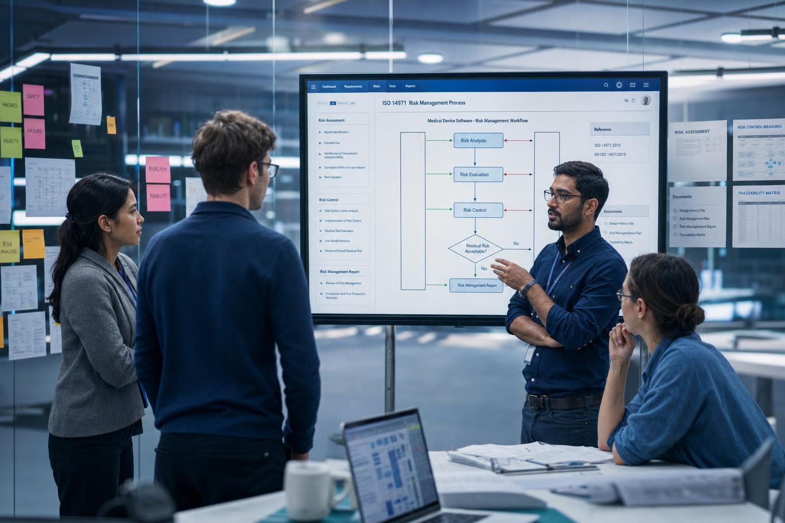 Engineering team collaborating on medical device risk management workflow